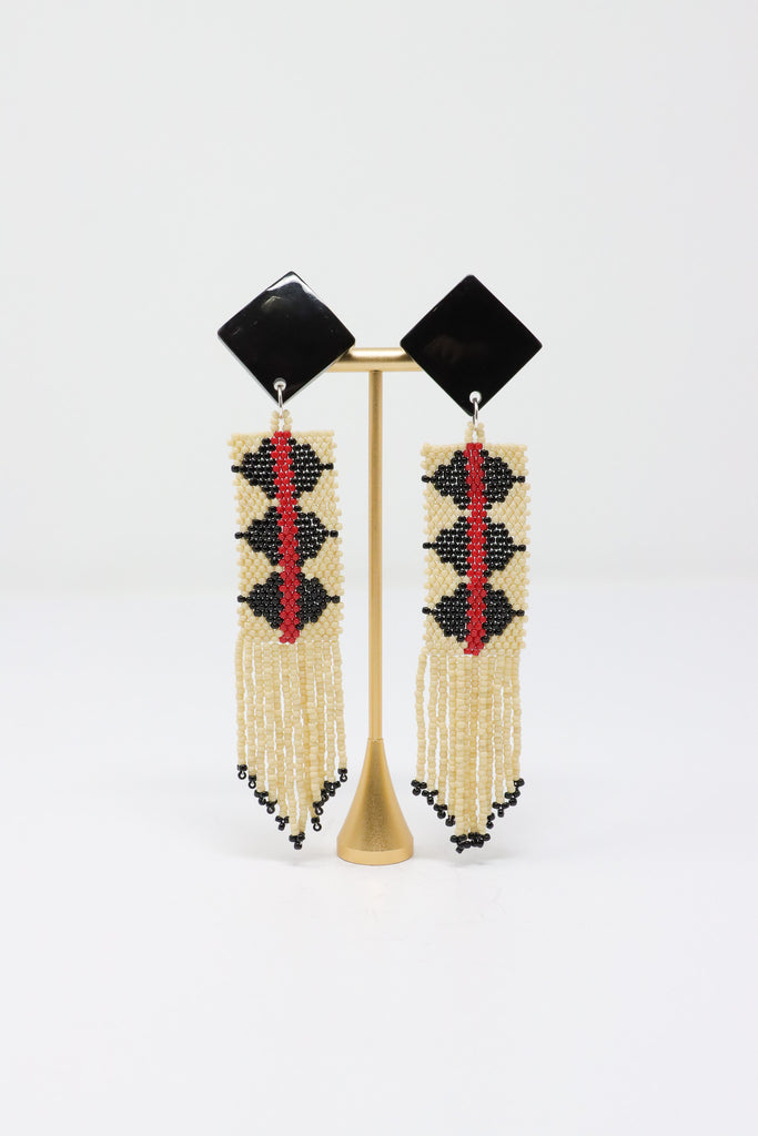 Sally Bass Beaded Black Ivory and Red Dangles Clip-On Earrings I ATELIER957