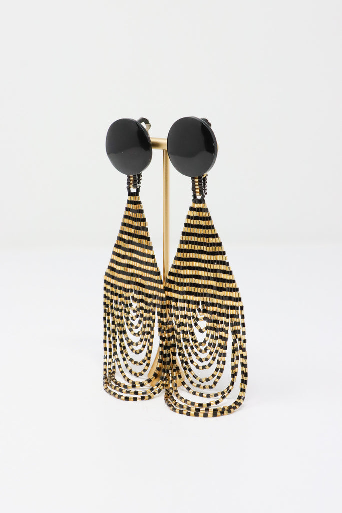 Sally Bass Beaded Black and Gold Clip-On Earrings I ATELIER957